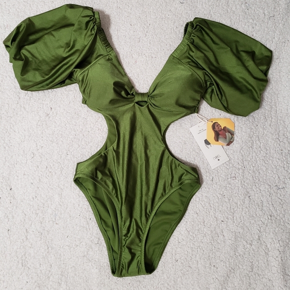 Fe Noel x Target Metallic Puff Sleeve Cut-Out Medium Coverage One-Piece Swimsuit - Picture 4 of 8